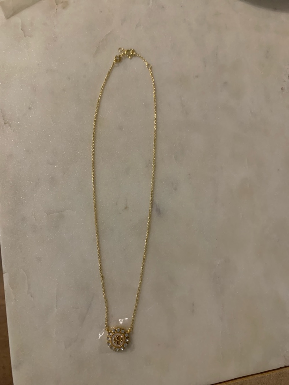 NWOT Tory Burch Gold Logo Pendant Necklace with Clear Stones - Picture 3 of 4